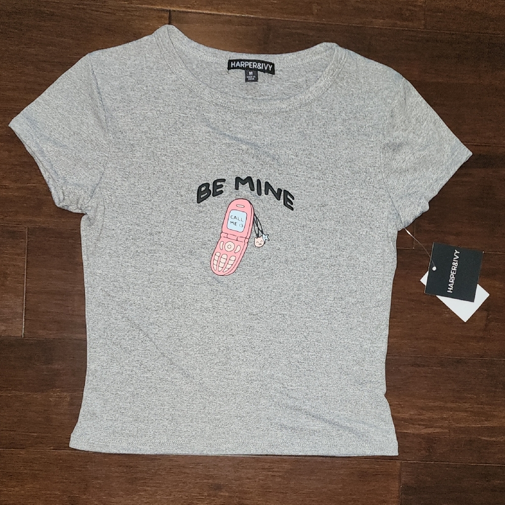 Harper & Ivy Gray Be Mine Graphic Tee Super Soft Cell Phone Graphic Juniors M